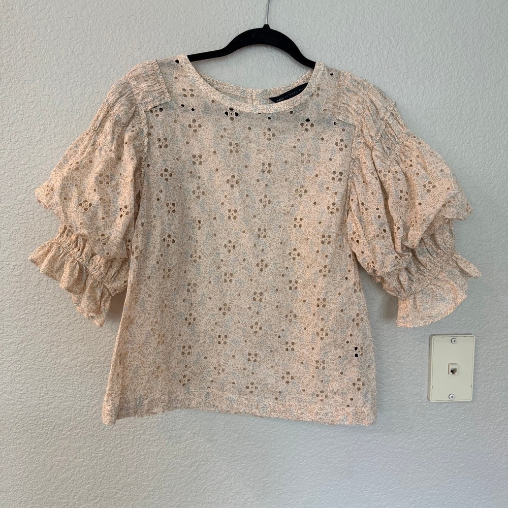 Marc by Marc Jacobs Floral Eyelet Lace Puff Sleeve Blouse Cream Blue Tan M